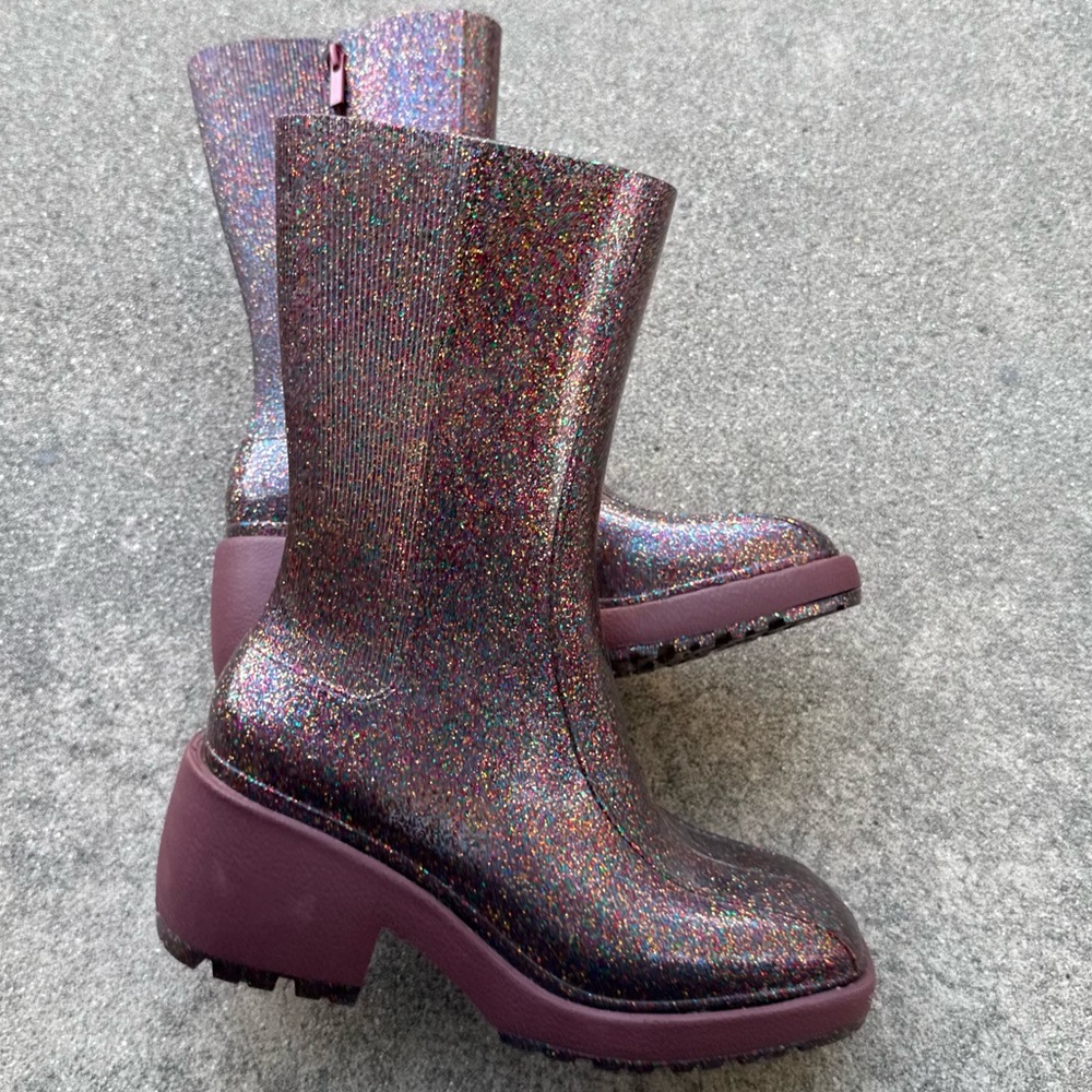 Melissa Nancy Boots Pink Glitter Chunky Rubber Rain Boots Y2K Rave Punk - Size 9 - Picture 12 of 13